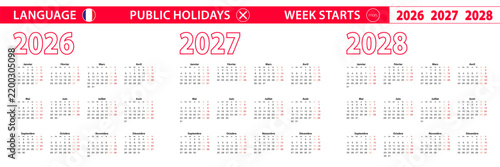 Simple calendar template in French for 2026, 2027, 2028 years. Week starts from Monday.
