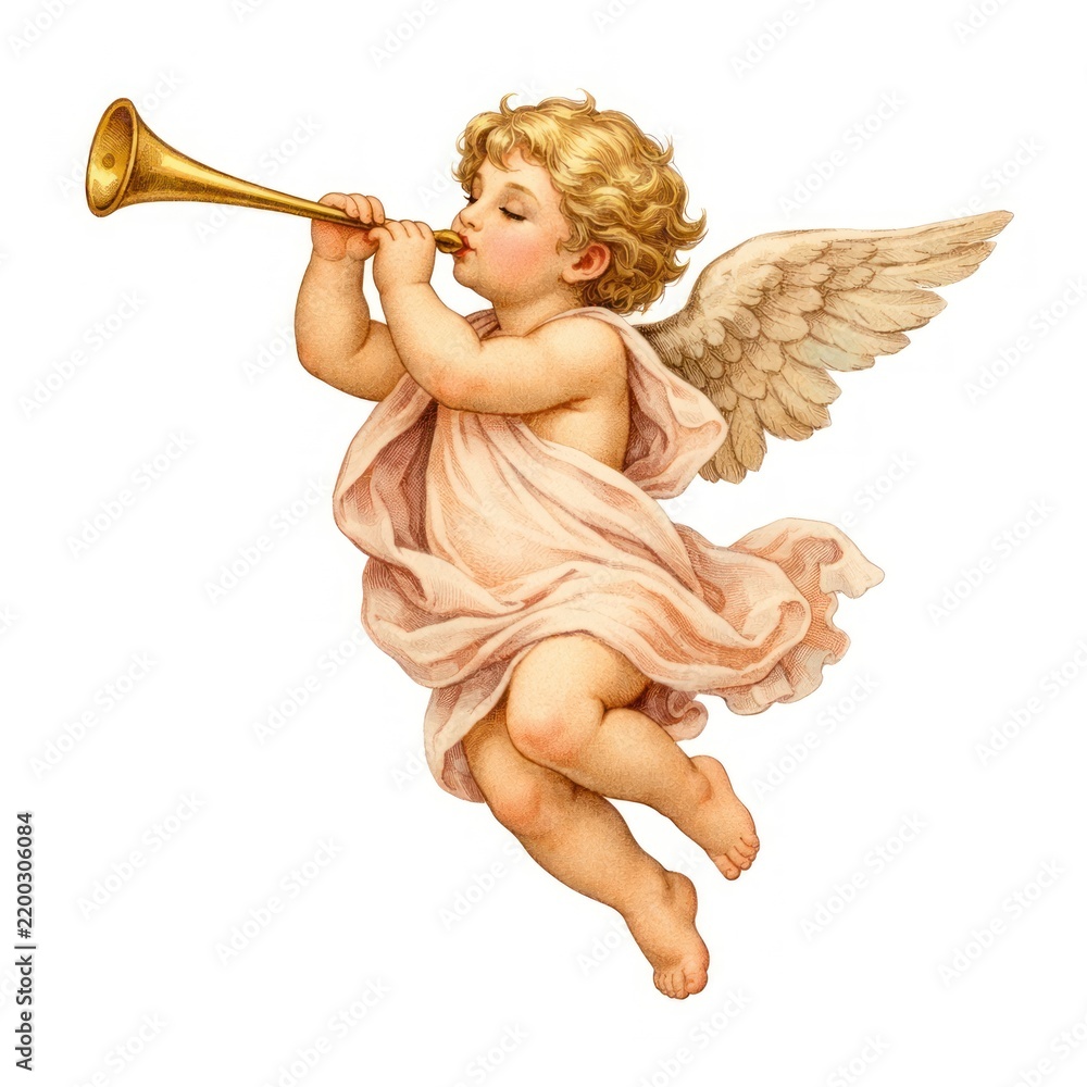 Obraz premium Illustration of a cherubic angel playing a golden trumpet, with wings.