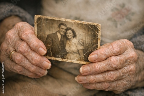 An elderly woman holds a framed photo of a couple, with a nostalgic expression