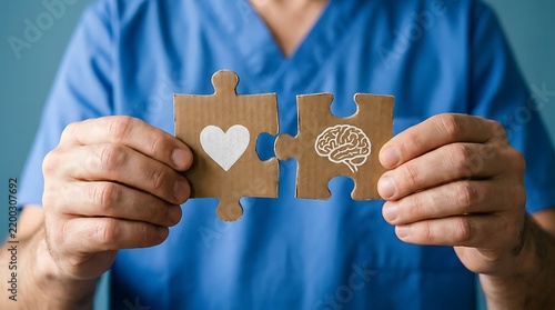 Healthcare worker in blue scrubs holding two cardboard puzzle pieces, one with a white heart and one with a brain connecting them