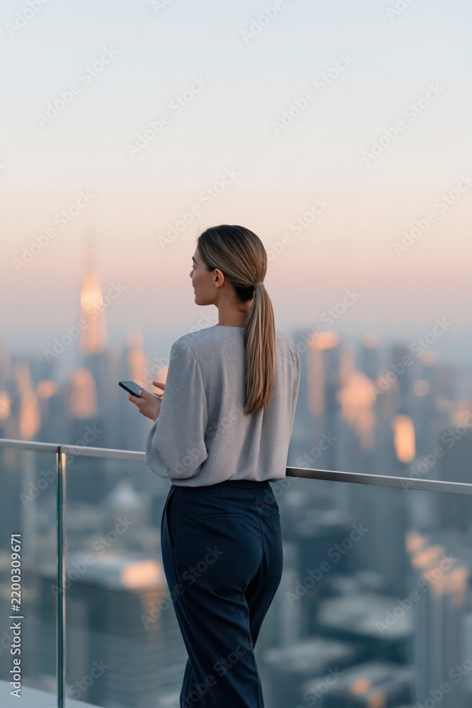 Fototapeta premium Woman on highrise balcony at sunset with ponytail overlooking metropolitan skyline for corporate background and poster design