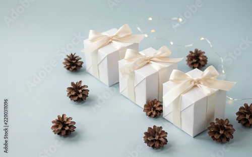 Three white gift boxes with cream ribbons, pine cones, and fairy lights on a pale blue background present