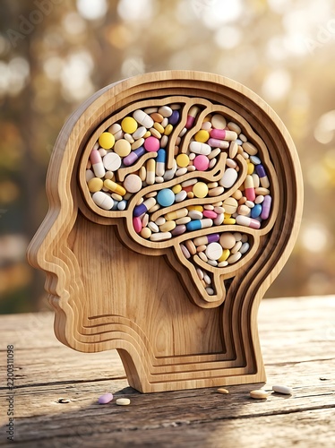 A wooden human head sculpture with a brain cavity filled with various colorful medical pills and capsules on a rustic wooden table outdoors