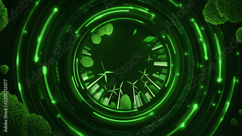 Futuristic Clock with Wind Turbines Surrounded by Glowing Green Circular Lights