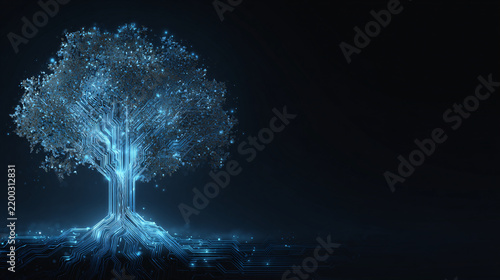 Futuristic Digital Tree with Glowing Circuitry in a Dark Environment