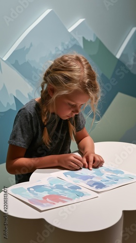 Focused little girl with braided hair drawing and doing creative crafts at table in art room. Early childhood education, Montessori development and art therapy concept
