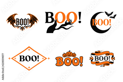 Obraz na plátně Halloween boo graphics with bats, pumpkins, and spooky designs