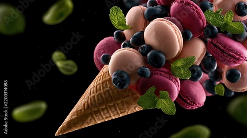 Flying sweet macarons with fresh blueberries and mint leaves exploding from waffle ice cream cone on black background. Gourmet dessert advertising concept