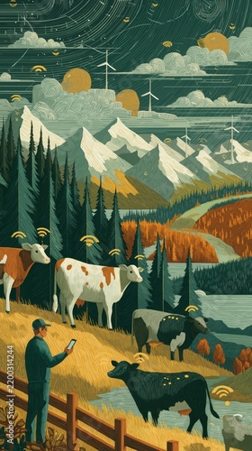 Farmer monitoring grazing cows with tablet using smart farming iot technology in alpine meadow with wind turbines. Precision livestock agriculture illustration