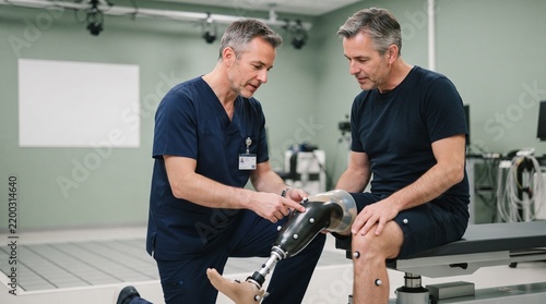 Doctor explaining prosthetic leg technology to patient sitting in clinic.