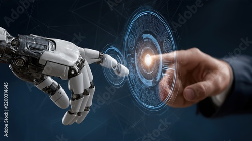 Human hand and robotic arm touching digital interactive screen with hud data interface. Future technology, automation and human machine collaboration concept
