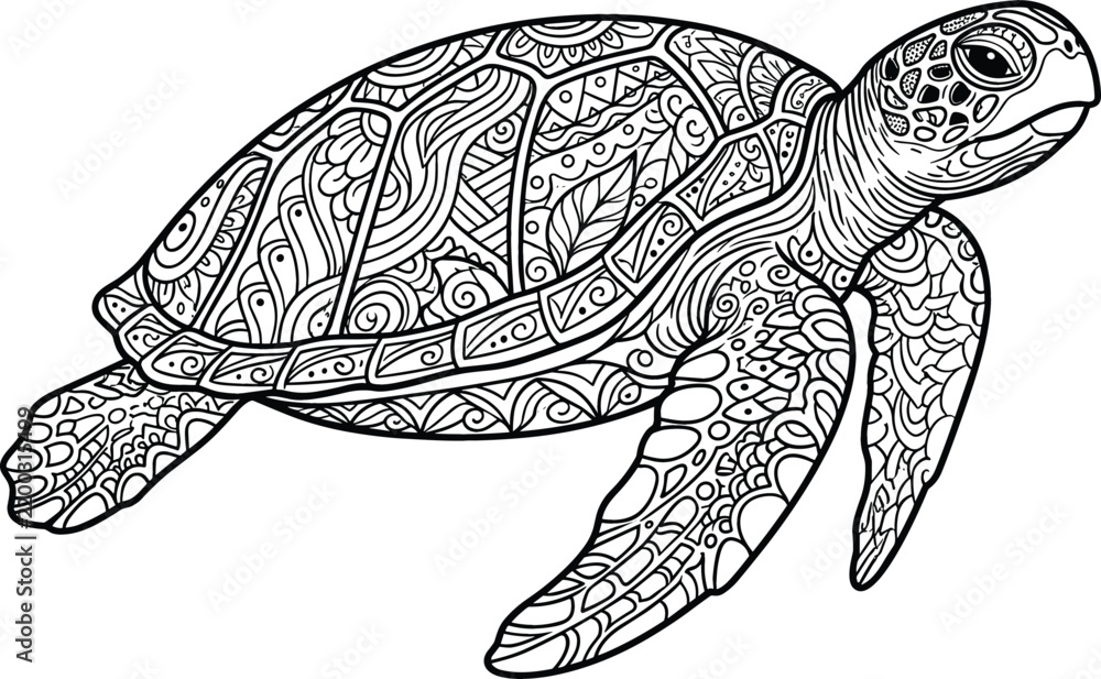 Fototapeta premium Decorative Sea Turtle Zentangle Vector Line Art Illustration Featuring Mandala Paisley Patterns Shell Texture And Marine Ornaments For Adult Coloring Page And Tattoo Designs