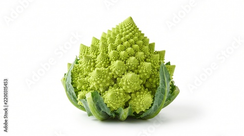 Fresh Romanesco cauliflower with intricate lime-green spiral florets and crisp leaves, showcasing its distinctive natural geometry and culinary appeal. Isolated on White background.
