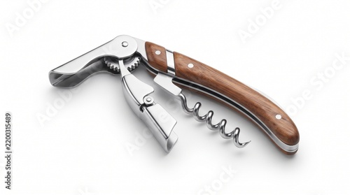 Classic corkscrew with a warm wooden handle and polished metal mechanism, showcasing a practical wine-opening tool with refined craftsmanship. Isolated on White background.