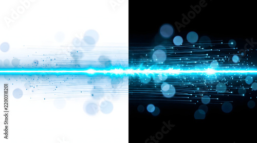 split screen contrast background with half white and half black featuring glowing blue anamorphic laser beam and floating bokeh dots for optical tech presentation template backdrop
