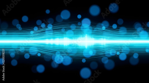 glowing horizontal cyan laser beam and anamorphic optical lens flare with floating soft blue circular bokeh lights across pitch black background for digital technology banner design