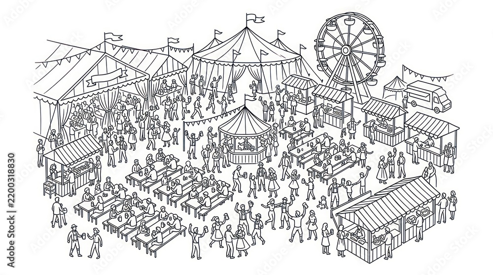 Obraz premium Crowd of people celebrating at an outdoor beer festival line art