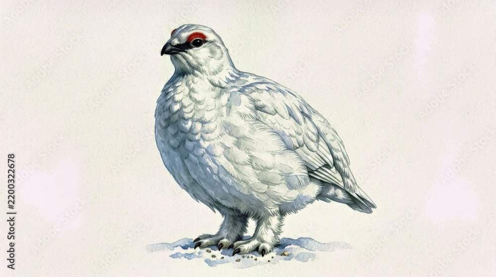 Fototapeta premium Rock Ptarmigan Standing Upright in Watercolor Style on White Background