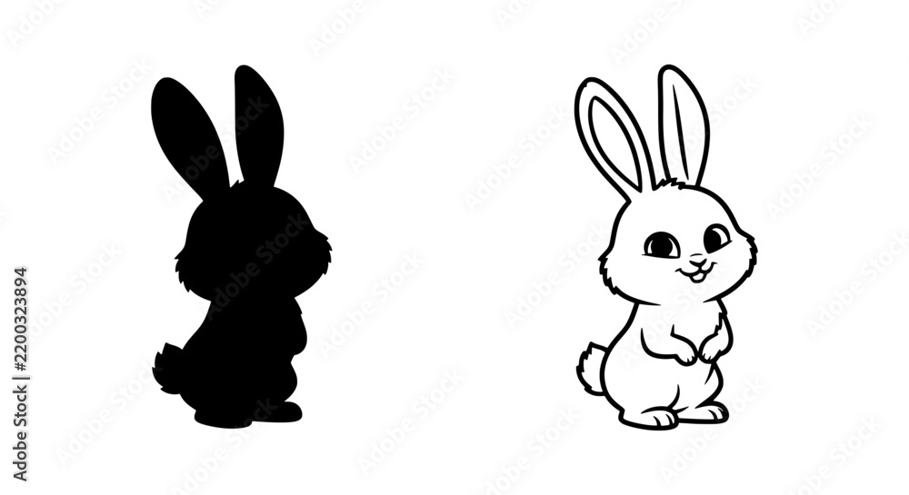 Fototapeta premium Cute Bunny Silhouette and Outline Vector Art, Adorable Rabbit Character Design, Black and White Animal Icon 