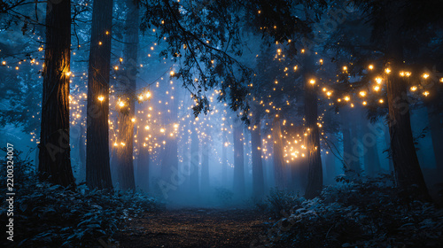 Enchanted Forest at Night with Twinkling Lights and Misty Atmosphere