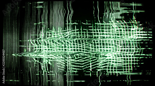 Abstract retro digital glitch screen texture with deformed green matrix grid lines CRT scanlines pixel displacement distortion and signal noise on solid black background for design