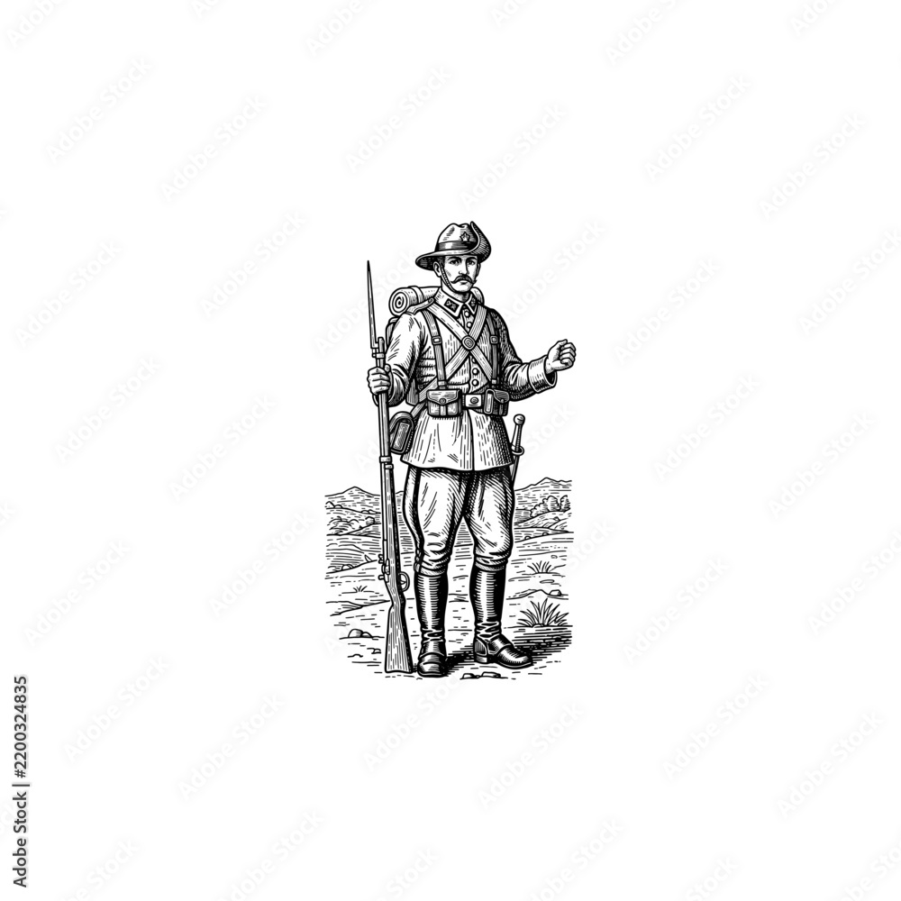 Fototapeta premium Classic Army Man Engraving Illustration, drawn in an engraved, woodcut style with fine details sketch engraving vector illustration. Scratch board imitation. Black and white image. flat vector