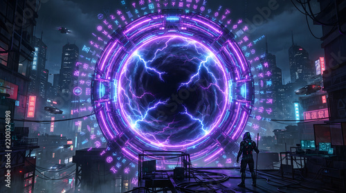 Futuristic sci fi explorer standing on cyberpunk rooftop observing a massive glowing purple energy portal ring with crackling lightning arcs over a dark dystopian city at night scene
