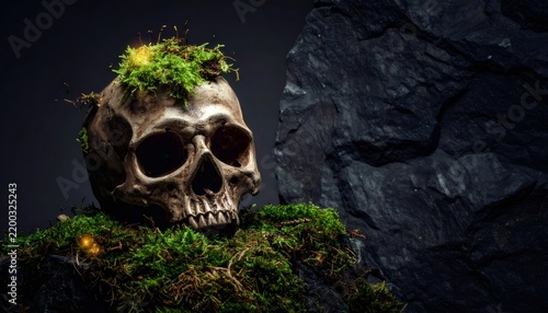 Human skull growing moss on mystic outland rocks