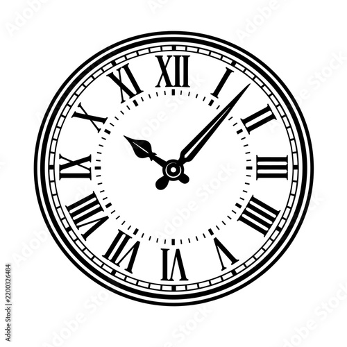 Vintage Roman Numeral Clock Face Vector Icon - Black and White Antique Timepiece Graphic Illustration