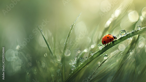 Close-up of a ladybug on a dew-covered grass blade with sunlight background
