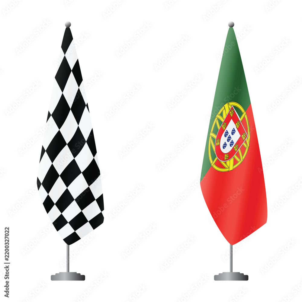 Obraz premium Checkered and Portugal flags on flagpoles for official ceremonies and meetings, transparent background vector