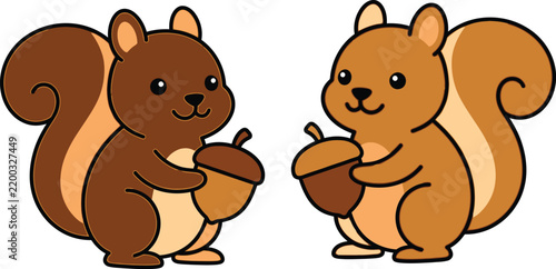 Two cartoon squirrels holding acorns are depicted in a colorful vector illustration acorn animal autumn
