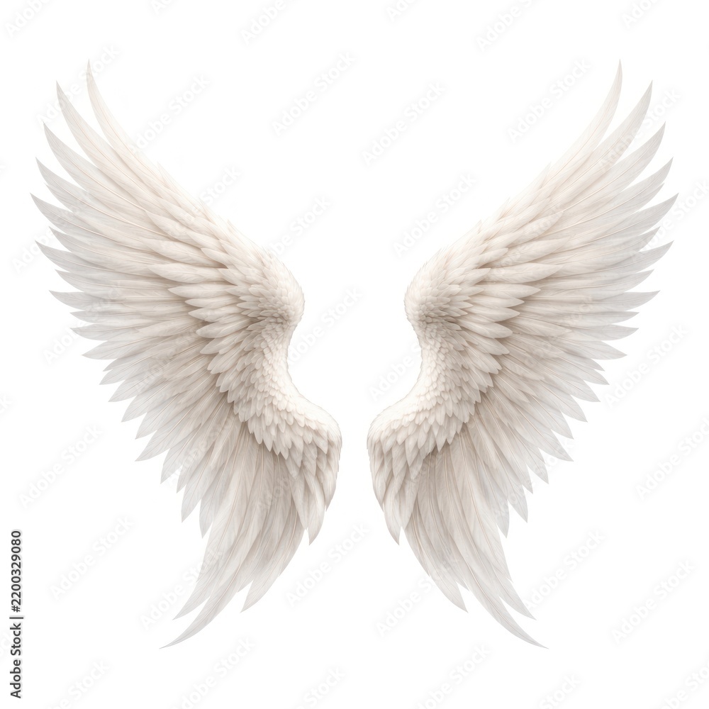 Fototapeta premium Illustration of detailed, symmetrical white angel wings on a white background.
