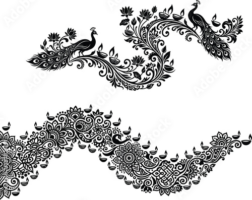 Intricate floral ornament featuring peacocks and lotus blossoms is a black and white vector illustration