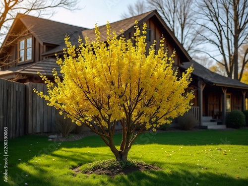 Vibrant Yellow Forsythia Bush Blooms in Front of a Rustic Wooden Barn, Signaling the Arrival of Spring in a Rural Setting
