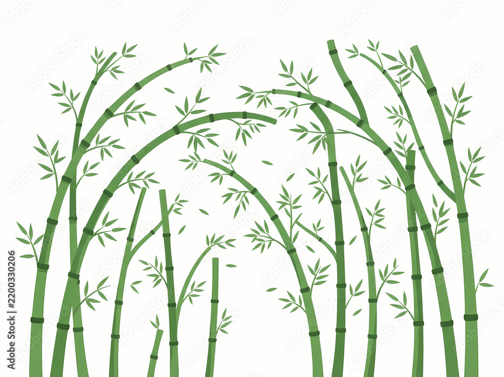Fototapeta premium A collection of green bamboo stalks with leaves arranged in a decorative pattern.