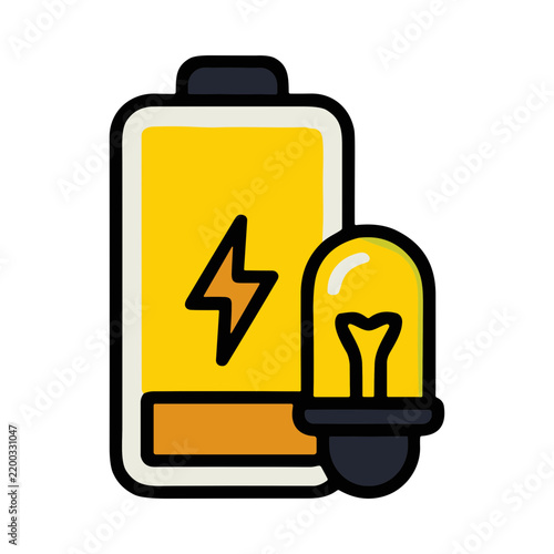 Battery icon next to a lit light bulb representing energy and ideas