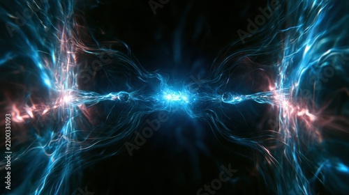 Cosmic Energy Convergence: A mesmerizing display of interconnected energy streams, glowing with vibrant blues and fiery reds, converge in a powerful, abstract cosmic event.