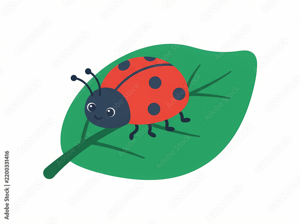 Fototapeta premium A cute cartoon ladybug with black spots resting on a vibrant green leaf.