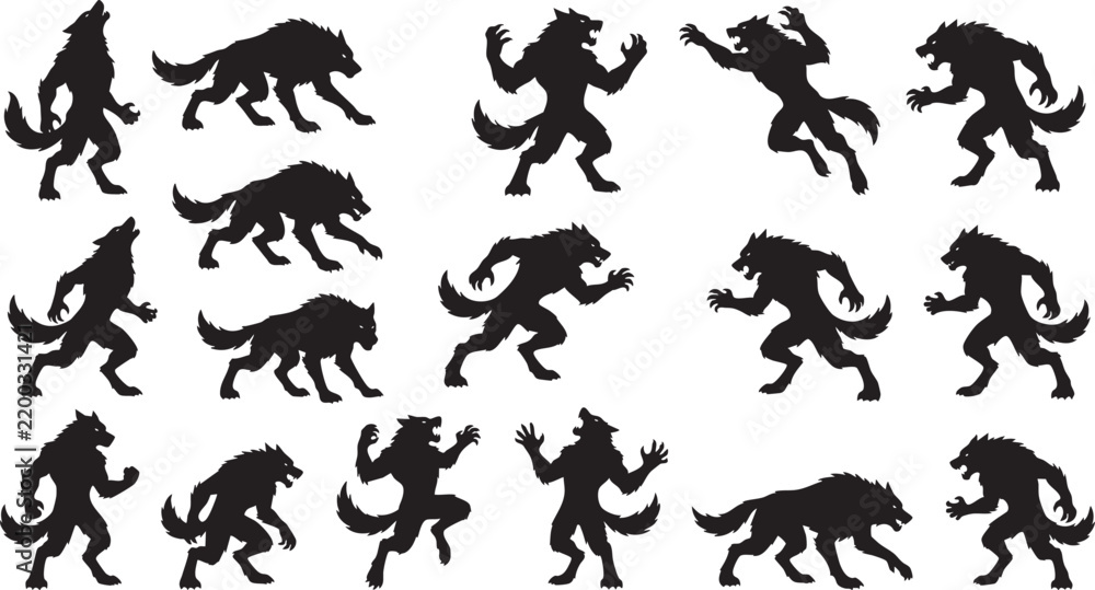 Obraz premium Halloween Werewolf Monster Silhouette Collection with Multiple Spooky Poses and Variations