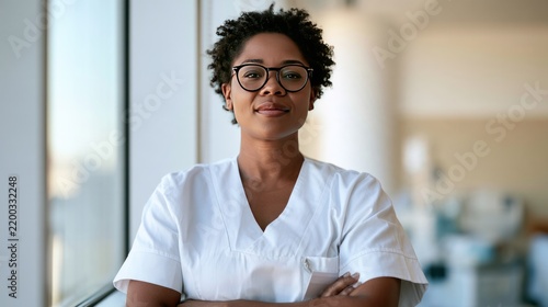 Confident Nurse in Scrubs: A capable and compassionate female nurse with glasses stands confidently with her arms crossed, looking directly at the camera in a modern healthcare setting.