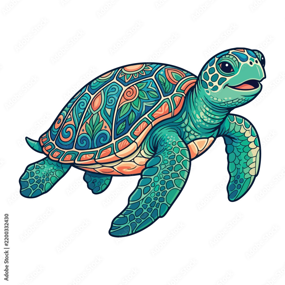 Fototapeta premium Colorful Sea Turtle Swimming Isolated Marine Wildlife Vector Illustration