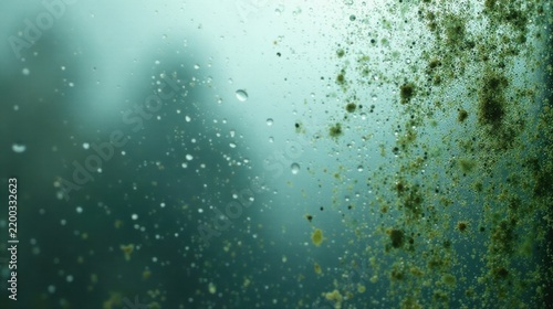 Abstract Teal Water Droplets and Green Particles Suspended in a Misty Atmosphere