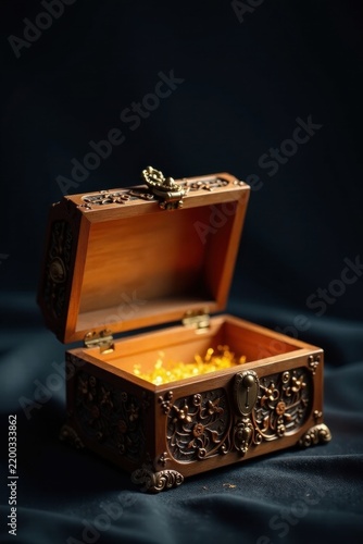 Intricately Carved Wooden Chest Overflowing with Gleaming Gold Treasure, A Symbol of Wealth and Prosperity