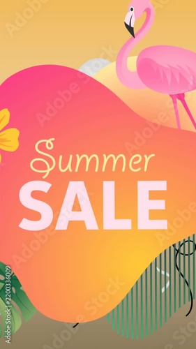 Vertical video: Balloons appearing, starting badge sliding, flamingo perching, boosting Summer SALE