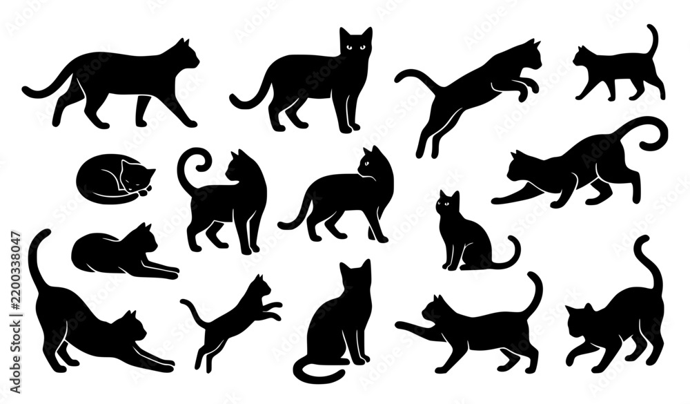 Fototapeta premium Black Cat Silhouette Playful Standing Pose Vector Icon Set