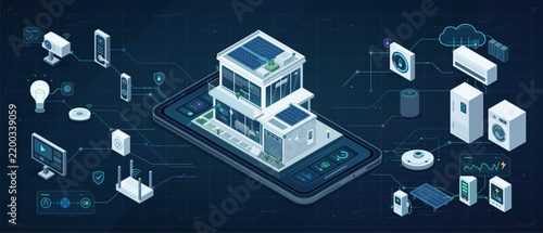 Smart house IoT automation on smartphone isometric banner