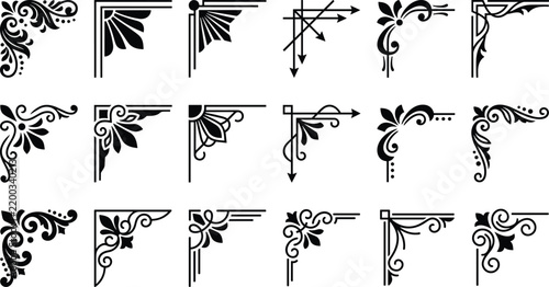 Elegant Black And White Corner Decorative Design Elements With Floral Patterns