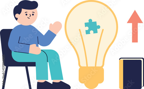 Cartoon man sitting on a chair next to a large light bulb with a puzzle piece inside and a book problem solving personal development mental clarity logical thinking flat design