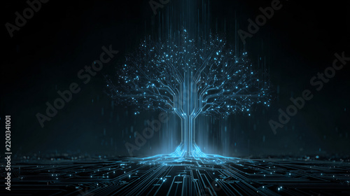 Digital Technology Tree: Futuristic Light Tree with Circuitry and Data Flow